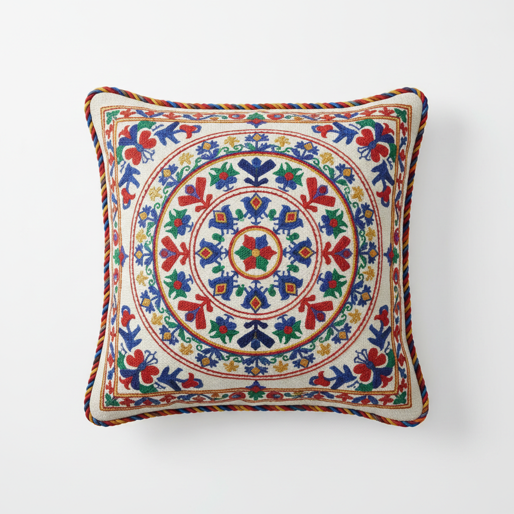Embroidered Folk Throw Pillow